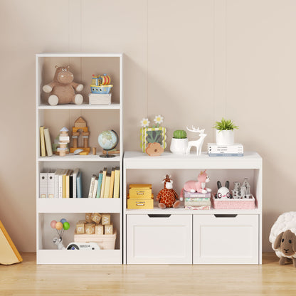 Book Organizer With Large Drawers And Open Shelves, Toy Storage Cabinet With Removable Wheels And Rounded Edges - White