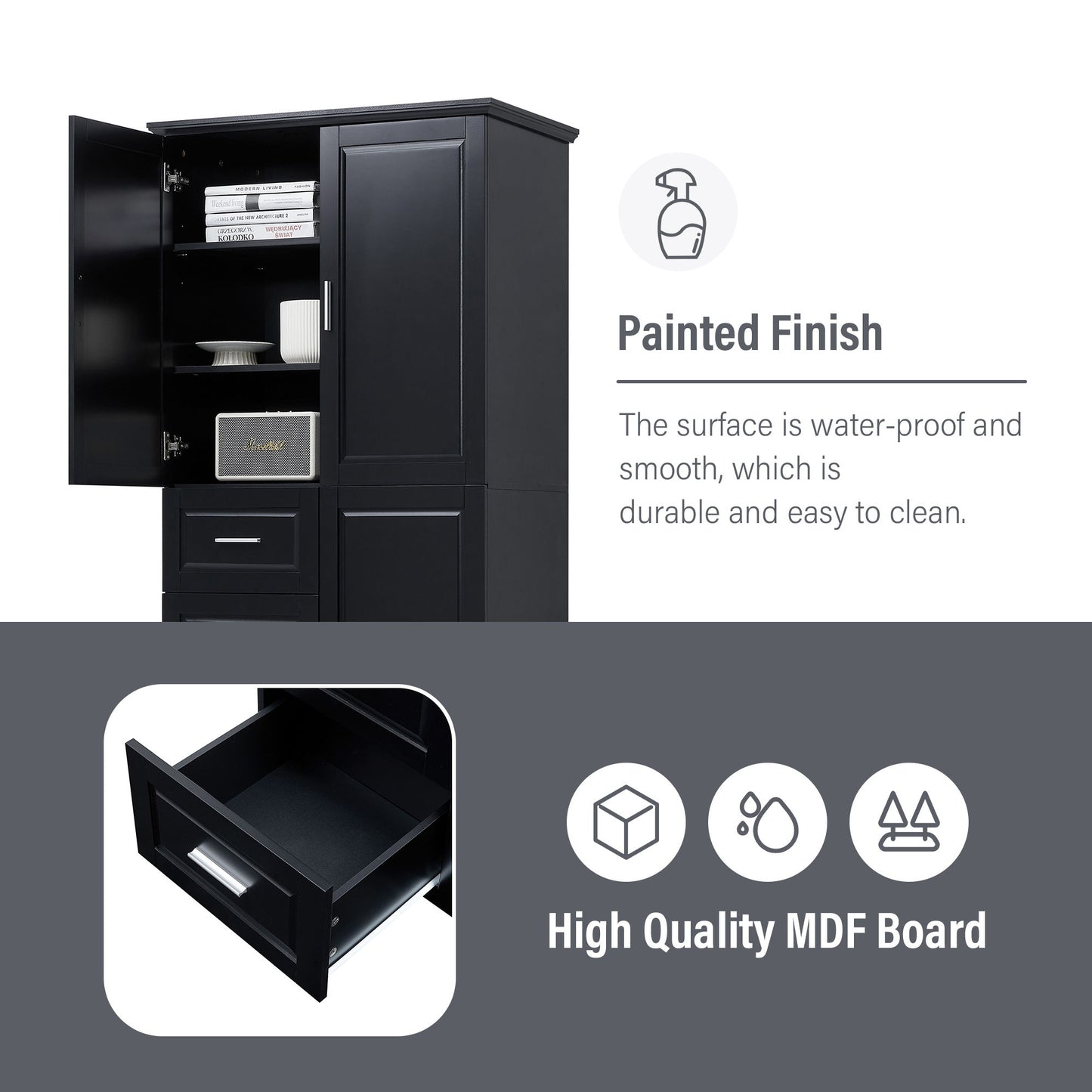 Tall And Wide Storage Cabinet With Doors, 3 Drawers