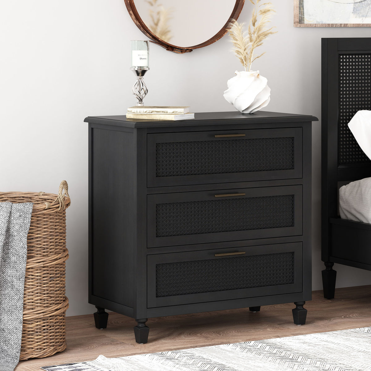 Newell - Cane 3 Drawer Dresser - Dark Gray
