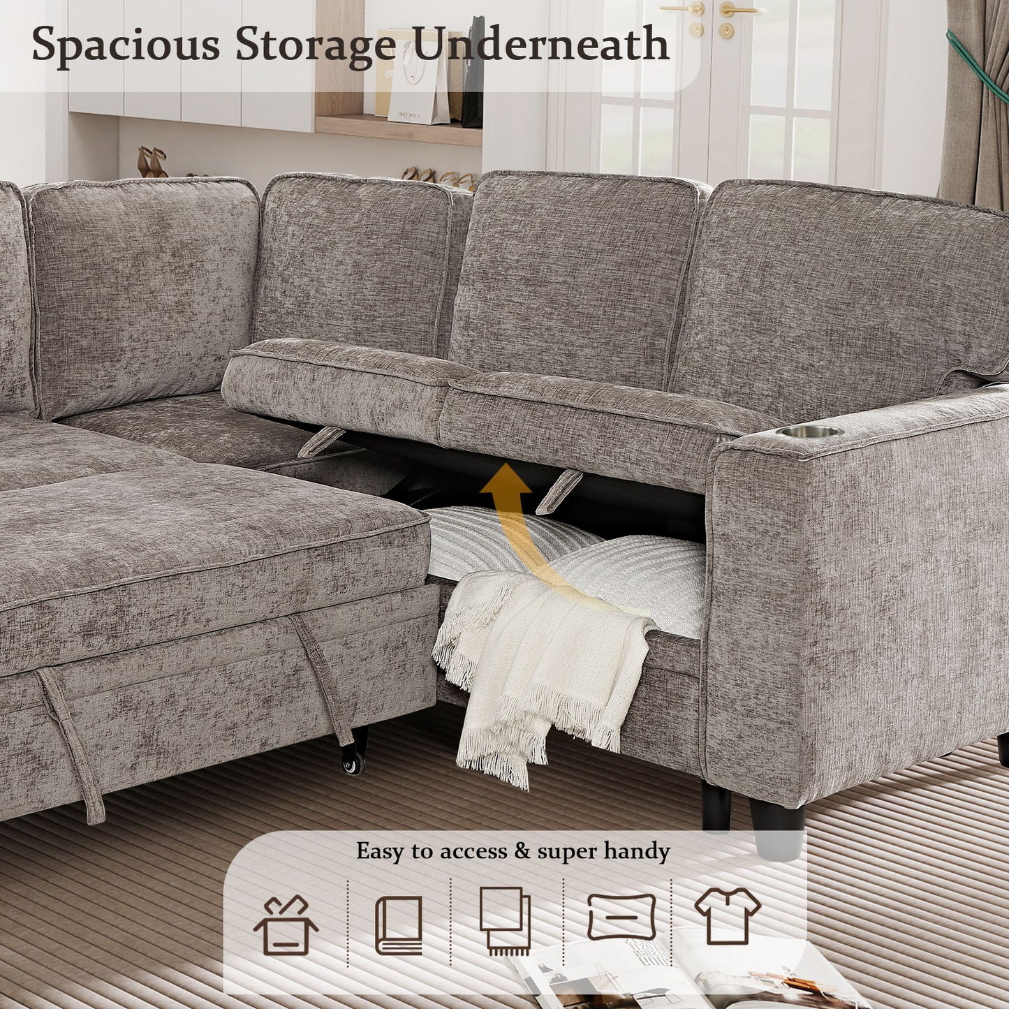 L-Shaped Sofa With Pull Out Sofa Bed With USB