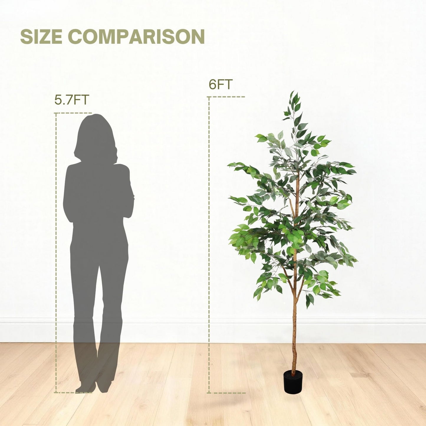 6Ft Artificial Ficus Tree With Natural Trunk In Pot For Indoor Home Office Decor - Green Leaves