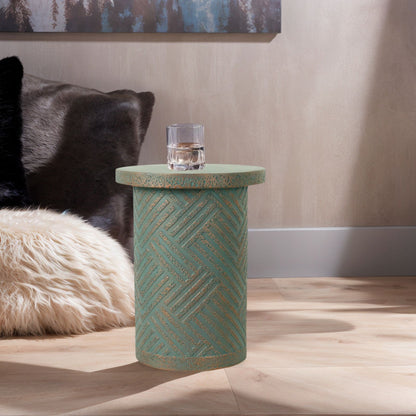 Round Outdoor End Table With Tree Stump Design For Patio - Golden / Green / Peacock