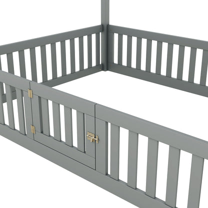 Wood House Bed With Fence And Door