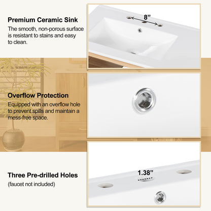 36" Bathroom Vanity, 2 Soft Close Doors, 4 Soft Close Drawers, Adjustable Shelf, Storage Cabinet - Acacia Wood