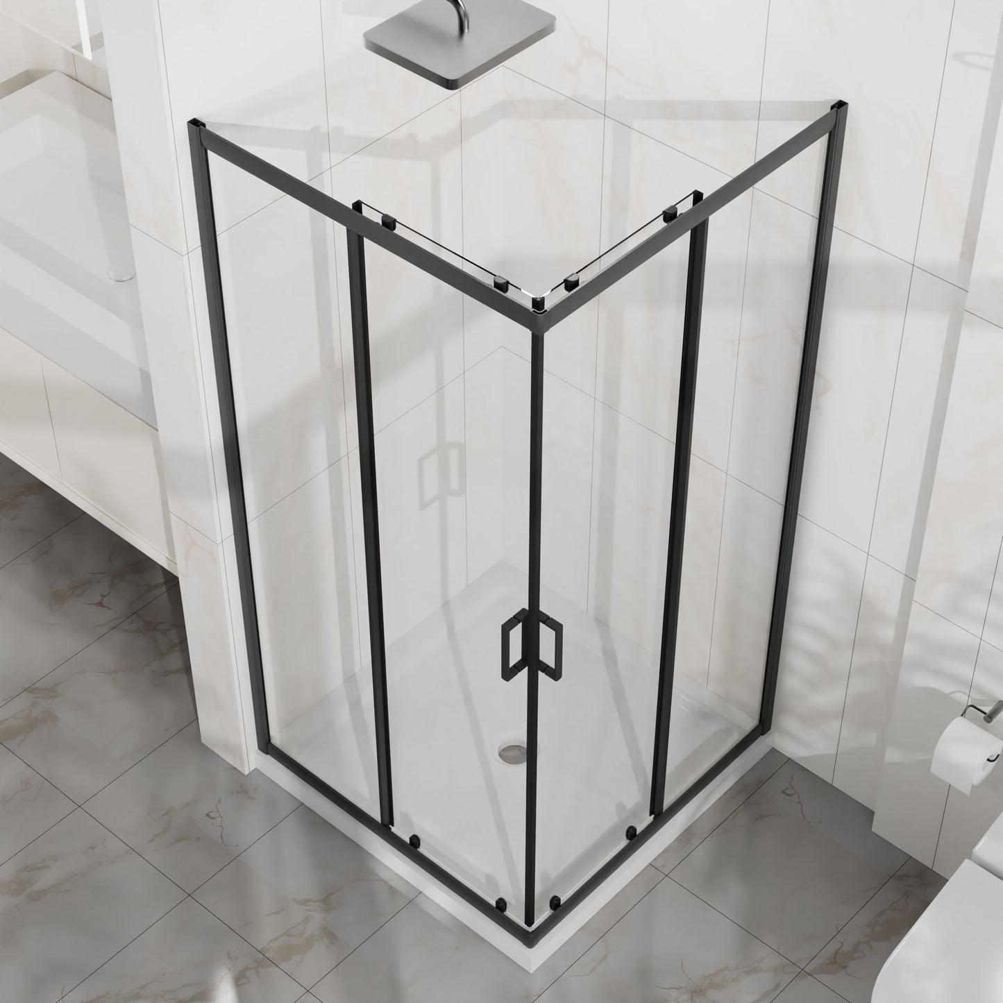 Corner Shower Enclosure, Double Sliding Door & Shower Base - Matte Black