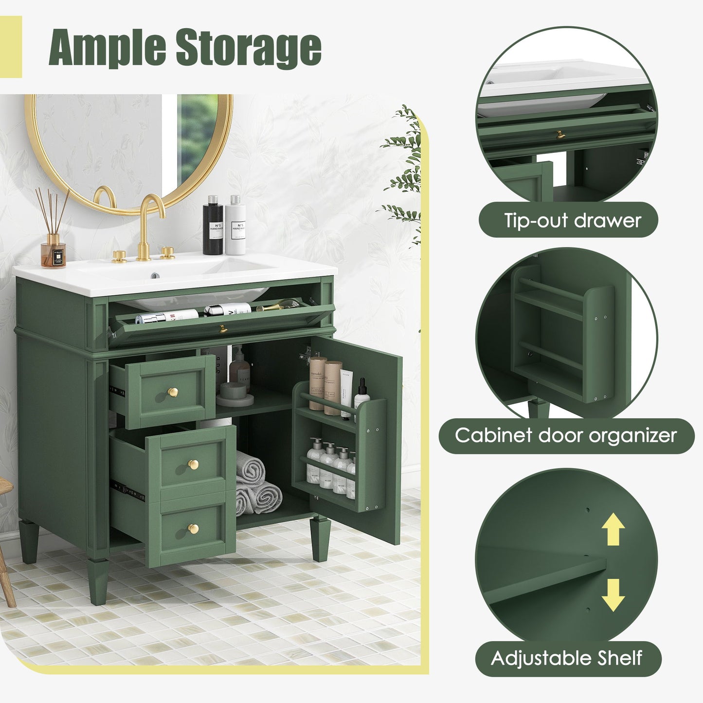 Bathroom Vanity With Top Sink, Storage Cabinet With 2 Drawers, Tip Out Drawer