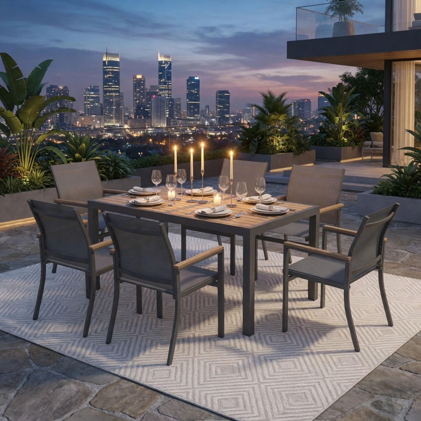 7 Piece Gray Aluminum Patio Dining Set With Textilene Chairs For Outdoor Living Frame With Accents, 59" Rectangle Table, All Weather Durable