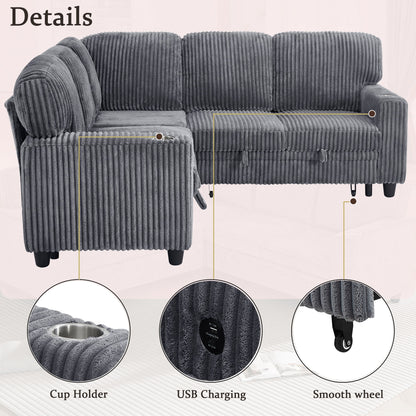L-Shaped Sofa With Pull Out Sofa Bed With USB
