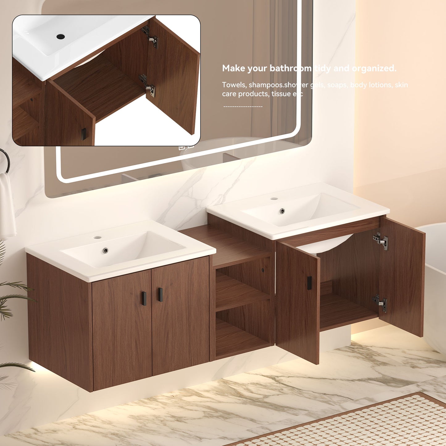 Soft Close Doors Bathroom Vanity With Small Storage Shelves, 24" And 12" Combination Cabinet - Reddish Brown