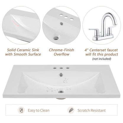 30" Single Bathroom Vanity Top With Undermount Basin, Rectangular Shape, 3 Faucet Holes - White