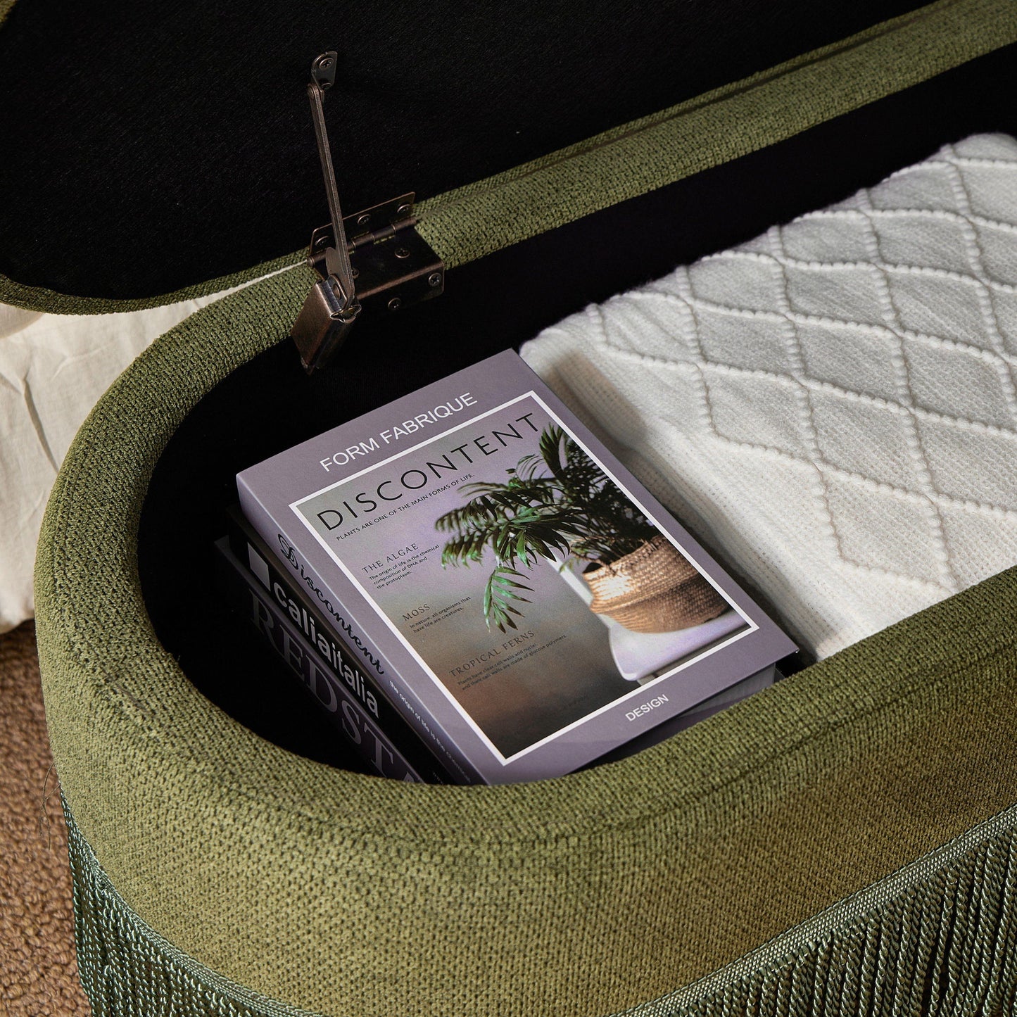 Oval Upholstered Storage Ottoman With Fringe Trim & Lift Top Lid