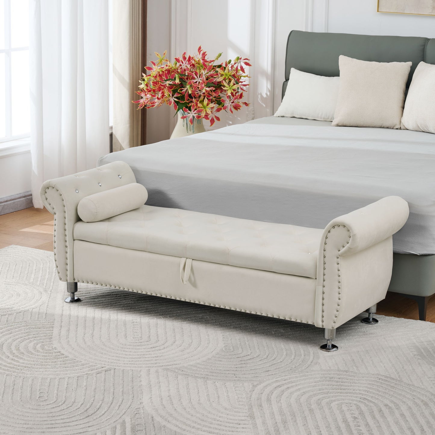 Storage Bench With Crystal Buttons And 1 Pillow For Bedroom