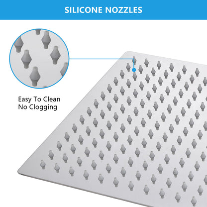 16" Square Rainfall Shower Head Fixed Wall Mount With Full Body Coverage & Self Cleaning Silicone Nozzles