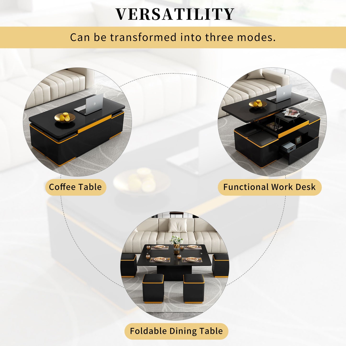 Lift Top Coffee Table With 4 Storage Stools