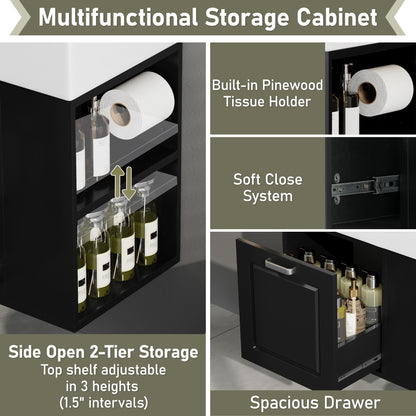 Modern Wall Mounted Bathroom Vanity With Sink, Soft Close Drawer, Adjustable Shelf, Toilet Paper Holder