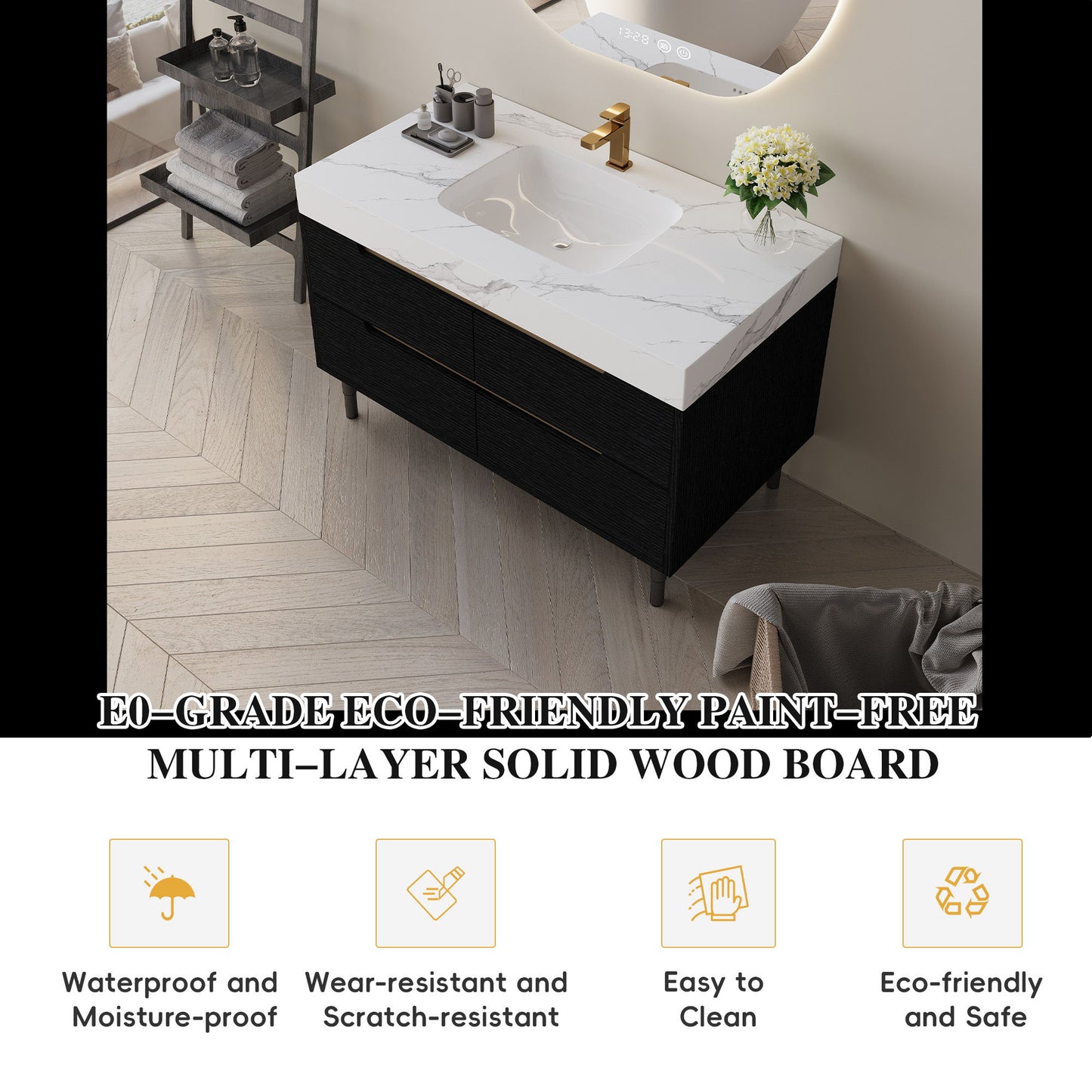 Bathroom Vanity With Undermount Sink, 4 Drawers Storage, Free Standing / Wall Mounted - Black / White