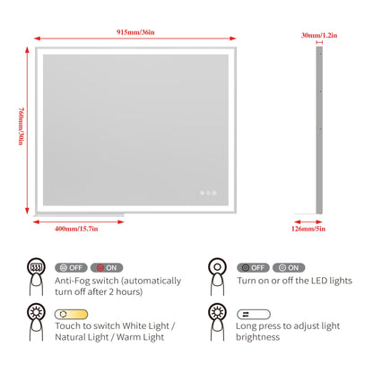 LED Bathroom Vanity Mirror Wall Mounted Adjustable / Warm / Natural Lights Anti-Fog Touch Switch With Memory Modern Smart Large Bathroom Mirrors