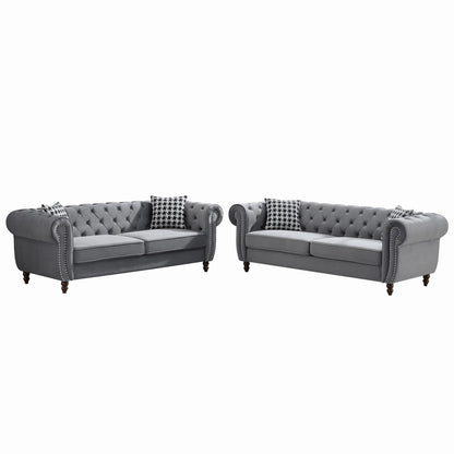 Chesterfield Upholstery Fabric Sofa With Roll Armrest & Nailhead, Mid Century Modern 3 And 3 Seater Couch