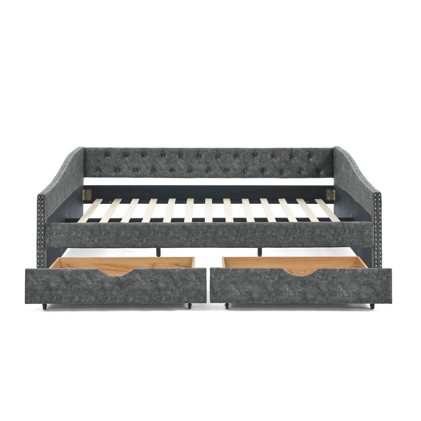 Upholstered Tufted Daybed With 2 Drawers, Waved Arms