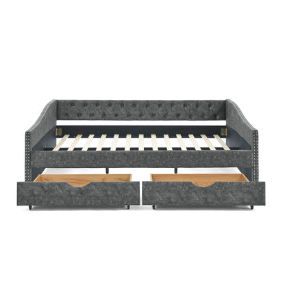 Upholstered Tufted Daybed With Drawers, Waved Arms