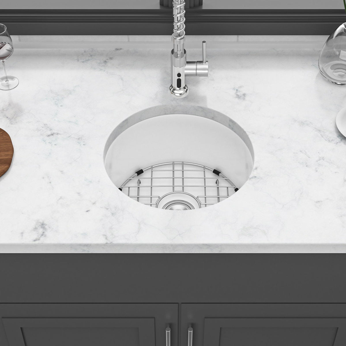 Ceramic Circular Kitchen Sink With Drain Assembly And Bottom Grid, 18" Dual Mount - White