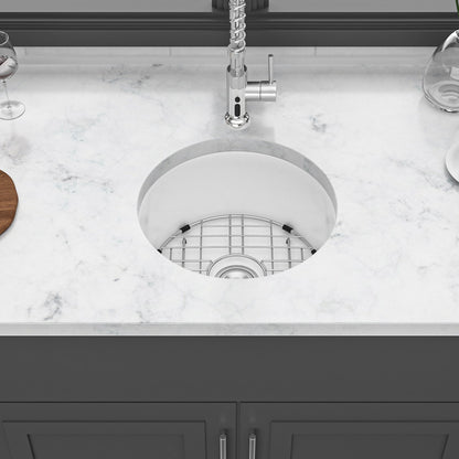 Ceramic Circular Kitchen Sink With Drain Assembly And Bottom Grid, 18" Dual Mount - White