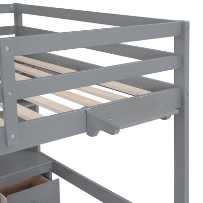 Loft Bed With Desk, Cabinets, Drawers, Charging Station And Bedside Tray