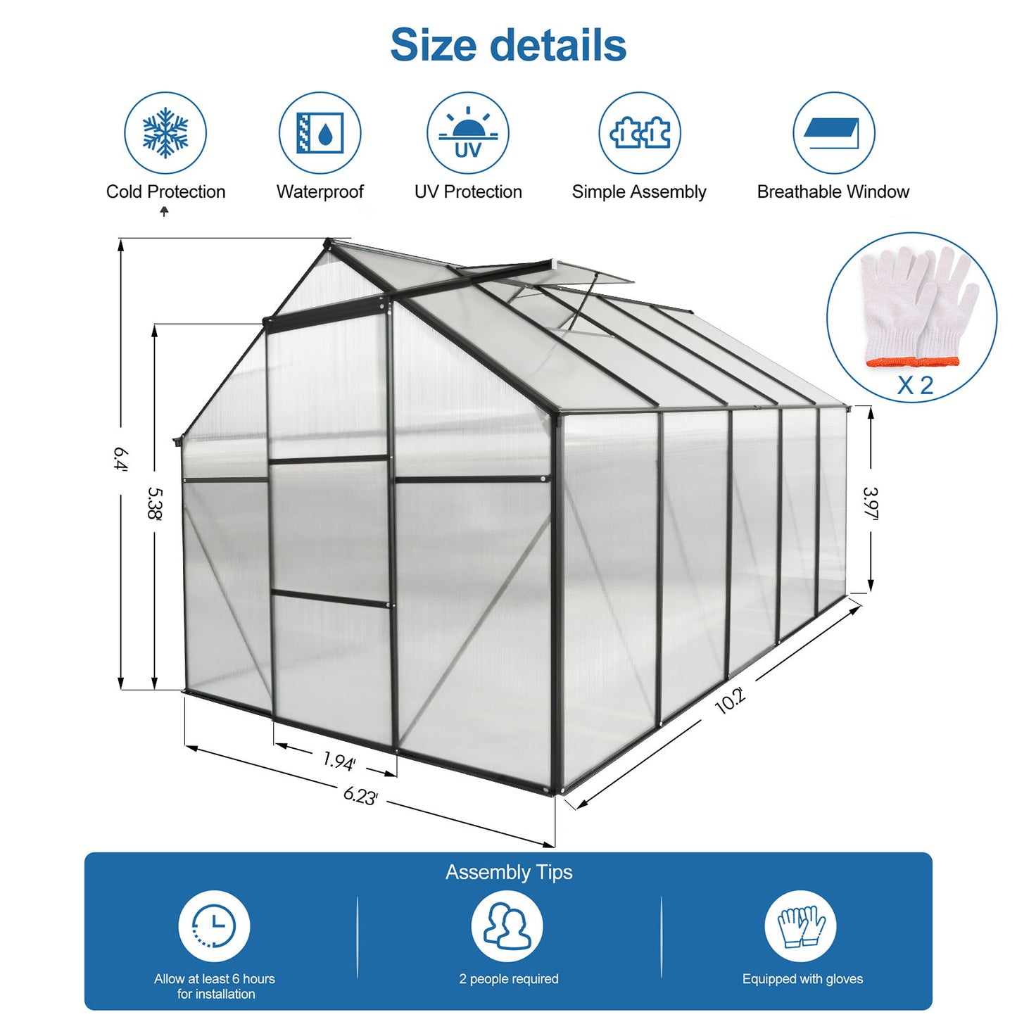 Polycarbonate house Raised Base And Anchor Aluminum Heavy Duty Walk-In houses For Outdoor Backyard In All Season