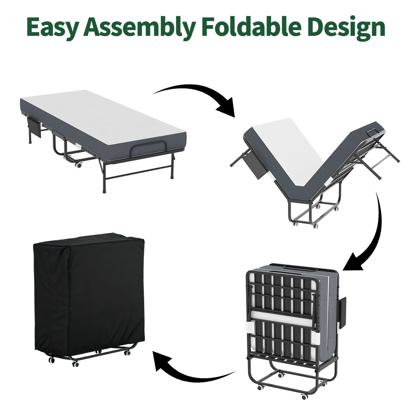 Twin Folding Bed With Memory Foam Mattress, Space Saving Rollaway Guest, On Wheels, Portable For Adults & Guests - Black