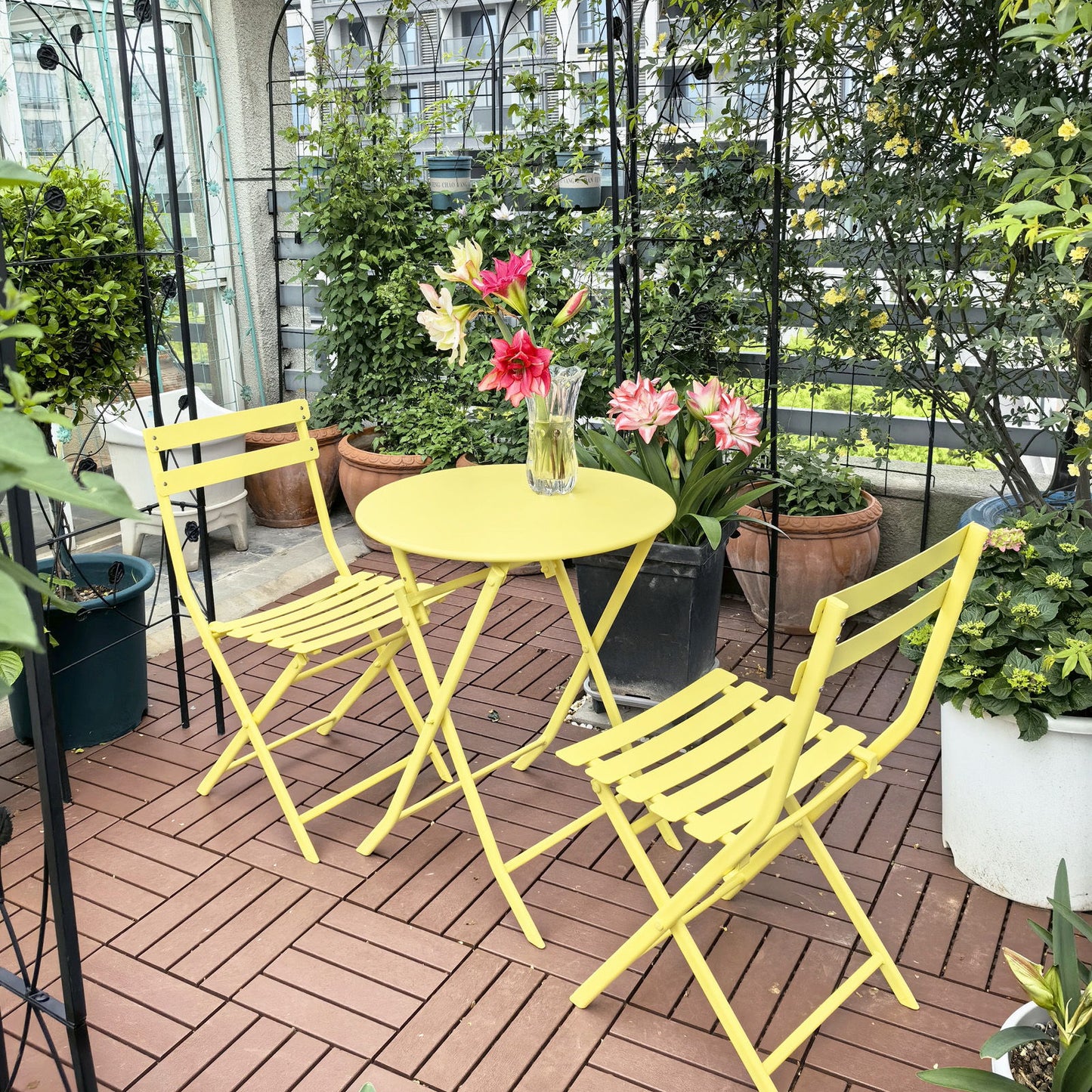 3 Piece Patio Bistro Set Of Foldable Round Table And Chairs