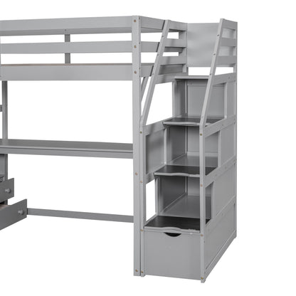 Loft Bed With Desk, Shelves, 2 Drawers, Storage Staircase
