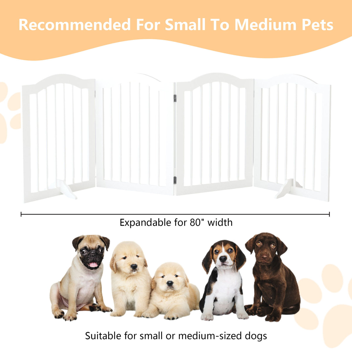 4 Panel Freestanding Pet Gate With Foldable Design And Support Feet - White