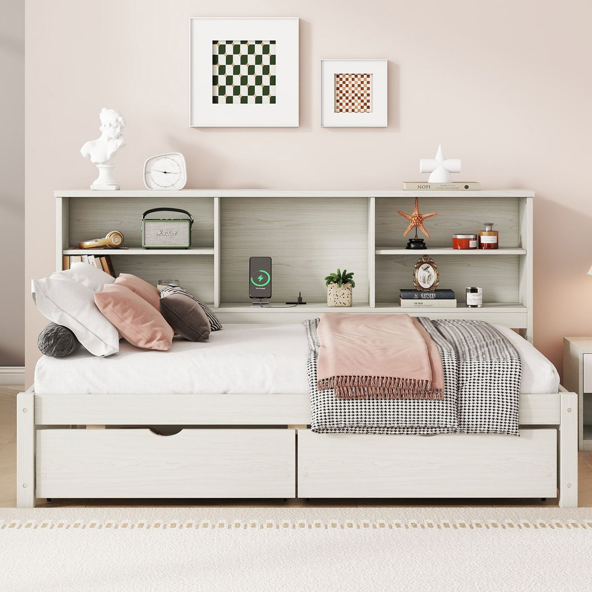Bed Frame With Side Bookshelves, 2 Drawers, And Built In USB Port