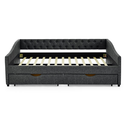 Upholstered Tufted Daybed With 2 Drawers, Waved Arms