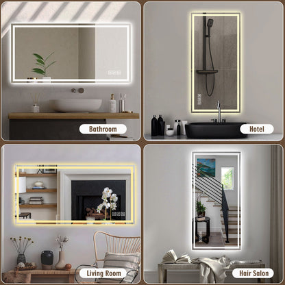 LED Bathroom Vanity Wall Mirror With Straight Edge Design, Frosted Glass Finish, Anti Fog, Dimmable 3 Color Lighting - Silver