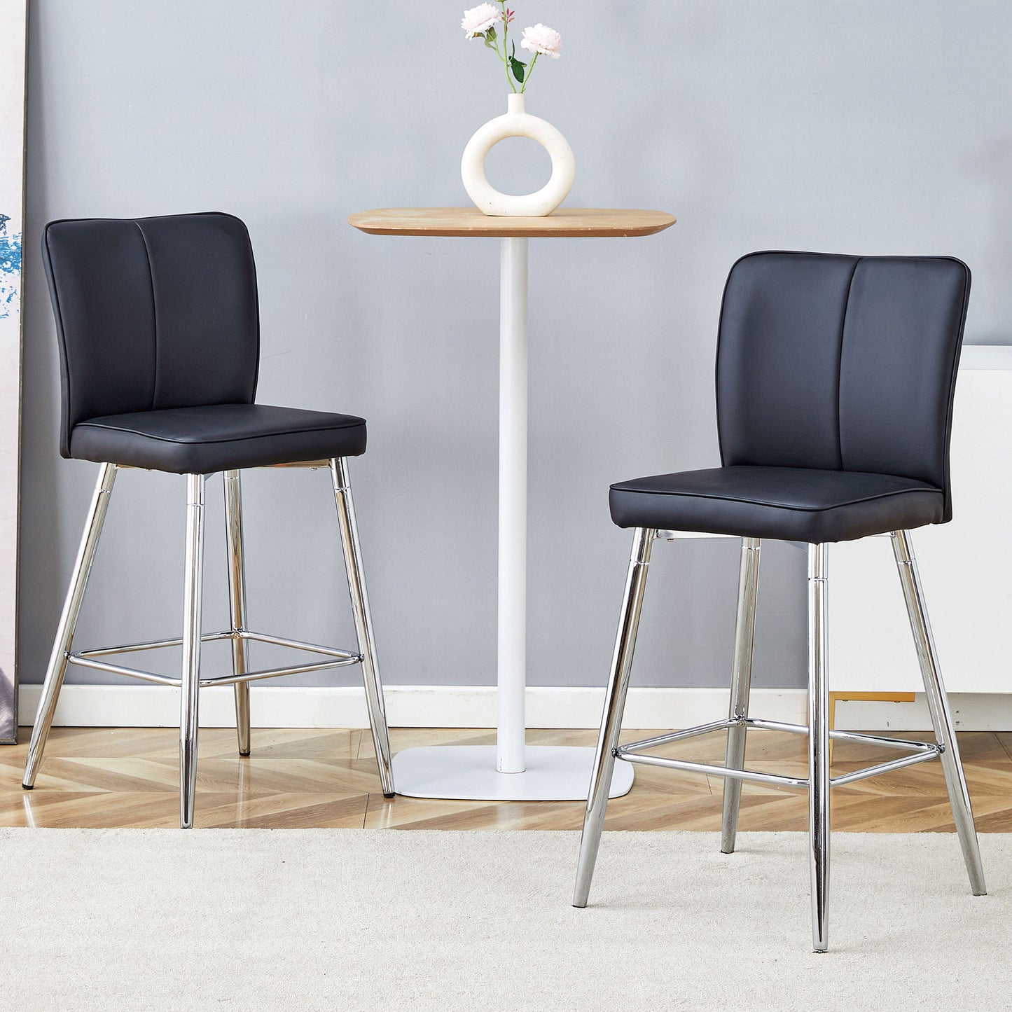 Modern Bar Chair Set Streamlined Backrest Metal Legs 2 Pieces - Black / Silver