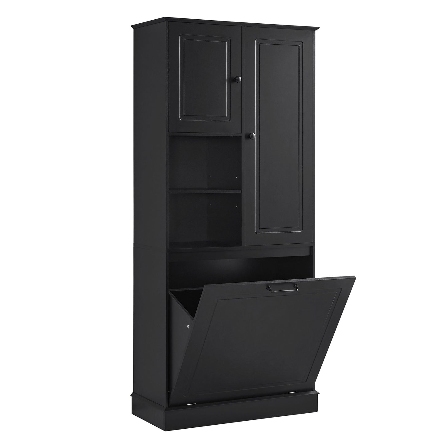 Modern Tall Storage Cabinet With Adjustable Shelves, Flip-Out Basket & Enclosed Doors