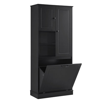 Modern Tall Storage Cabinet With Adjustable Shelves, Flip-Out Basket & Enclosed Doors