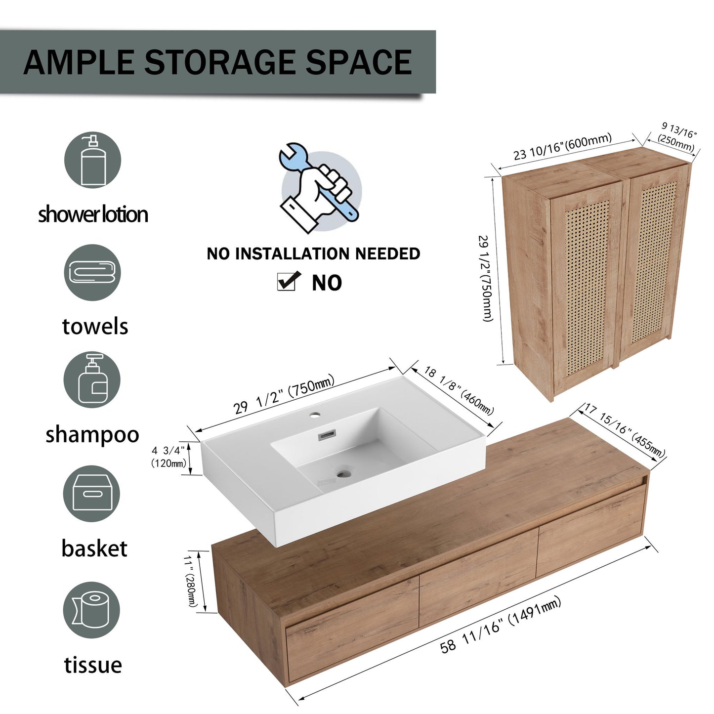 Modern Wall Mounted Bathroom Vanity With Resin Sink And 2 Side Cabinet, Imitative, Construction - Imitative Oak
