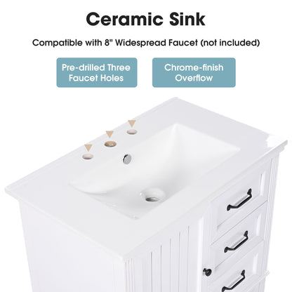 30" Bathroom Vanity With Sink, 3 Drawers, Adjustable Feet