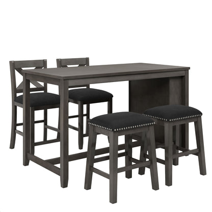5 Pieces Counter Height Rustic Farmhouse Dining Room Wooden Bar Table Set With 2 Stools And 2 Chairs