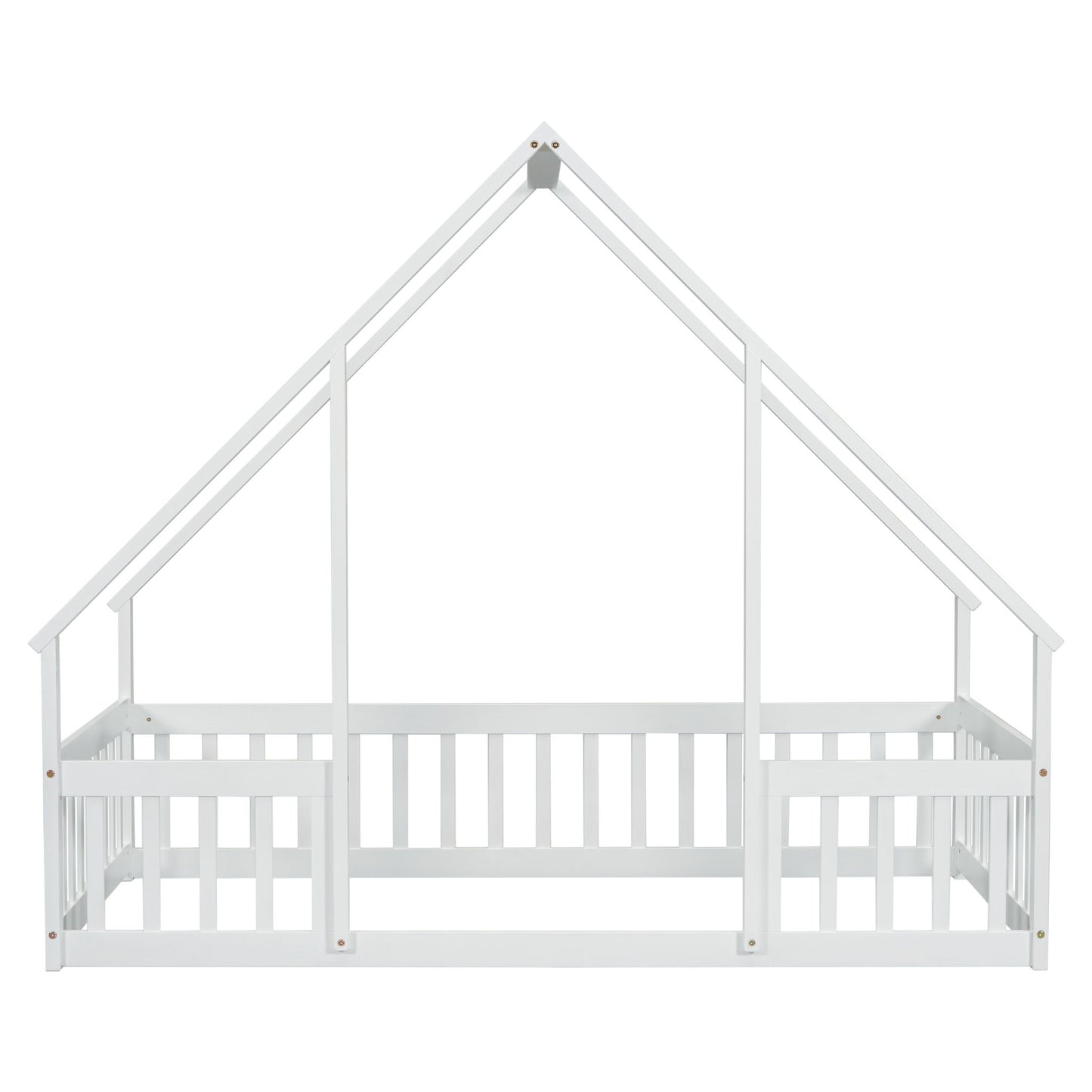 Wood House-Shaped Floor Bed With Fence, Guardrails