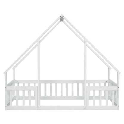 Wood House-Shaped Floor Bed With Fence, Guardrails