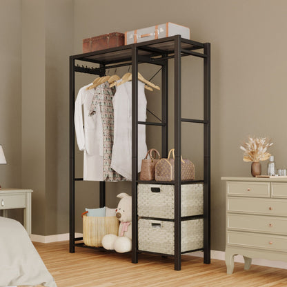 Garment Rack With Shelves, 2 Wicker Drawers, 4 Hooks, Organizer