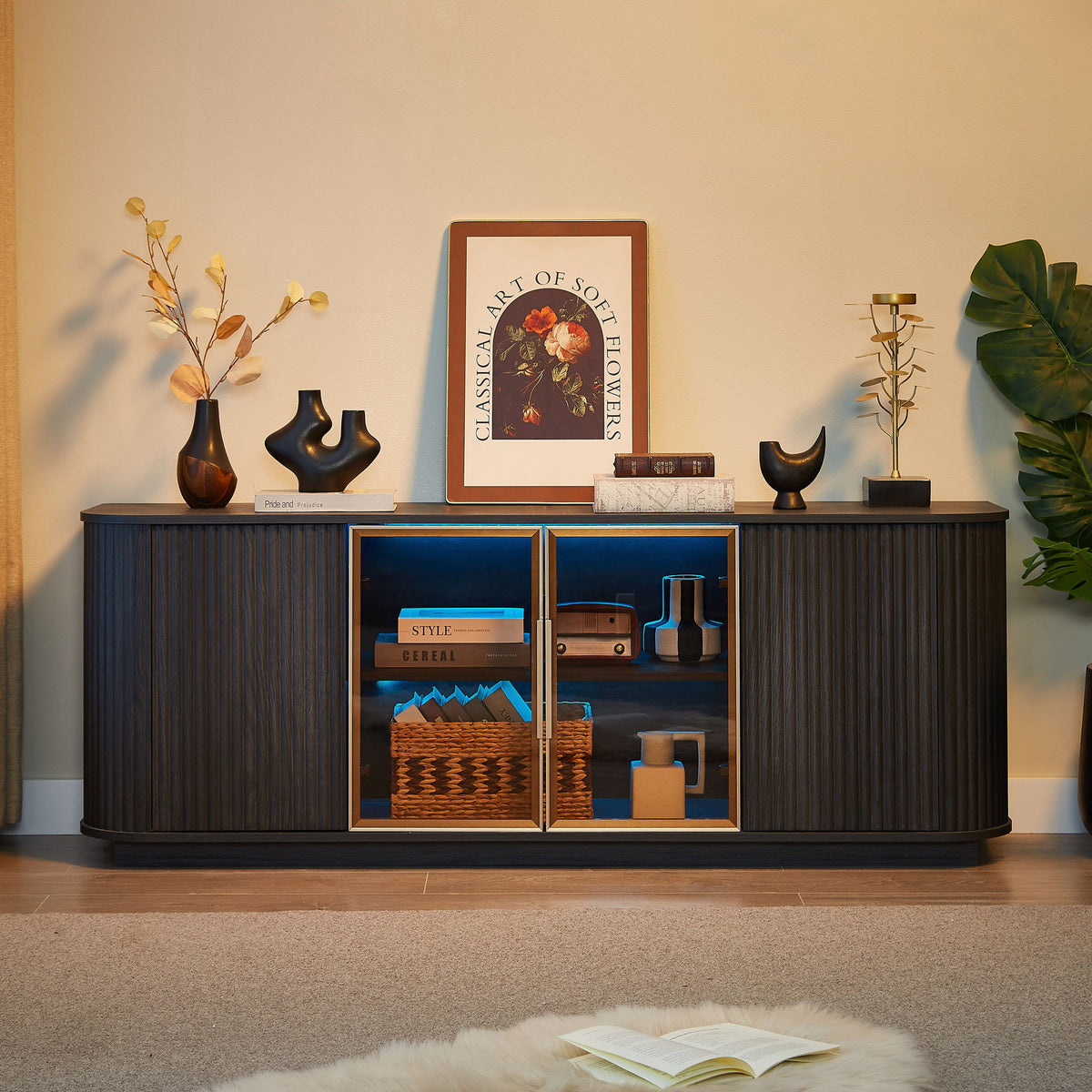 Modern 64" Wavy TV Cabinet With LED Lights - Black