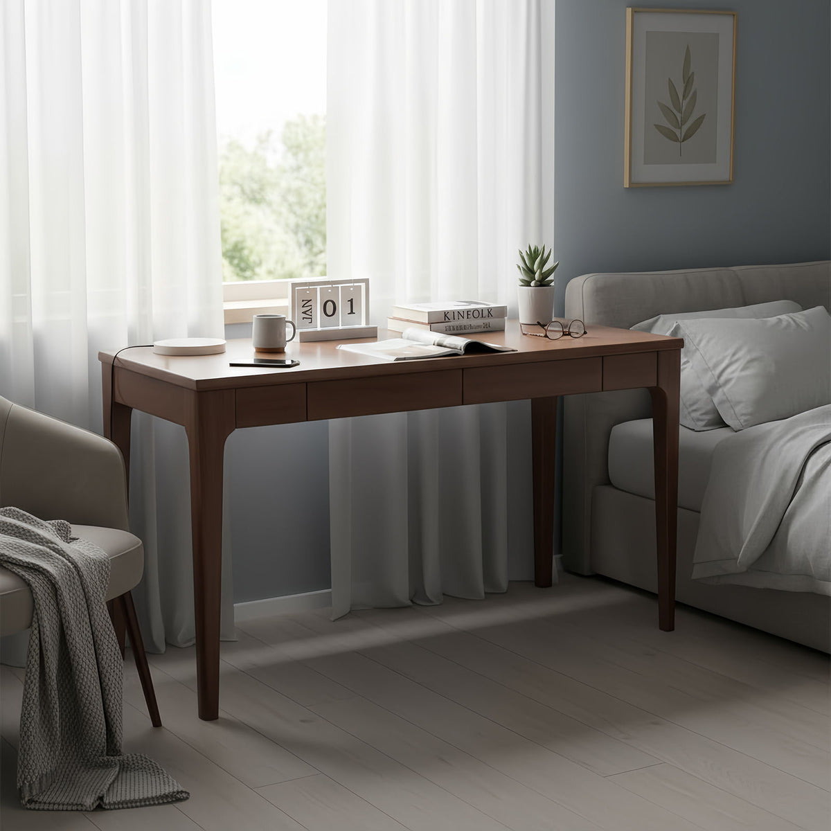 Desk With Drawers, Smooth Edge Design - Walnut