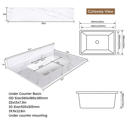 Bianco Carrara Venato Elegant Marble Vanity Top, Bathroom Vanity With Undermount Sink, Sintered Stone