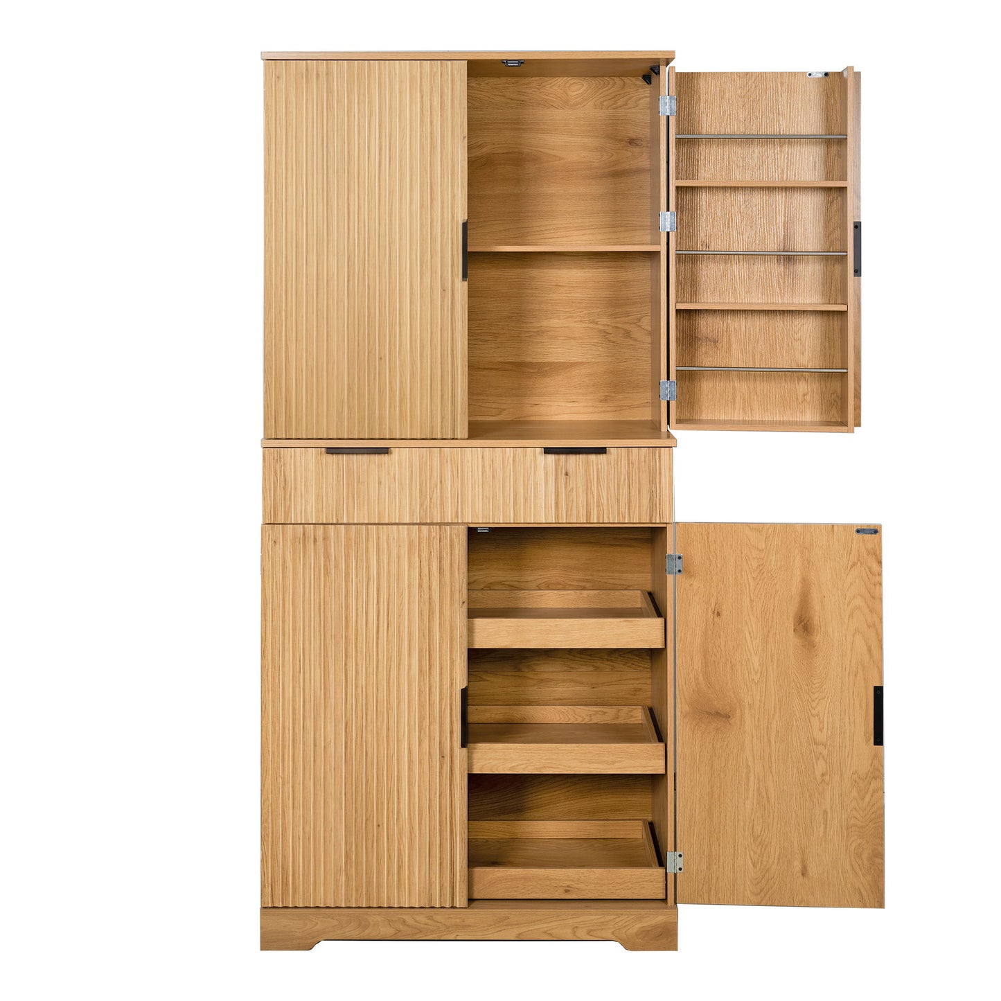 Fluted Kitchen Pantry Cabinet With 3 Keyboard Drawers & 6 Door Shelves Adjustable