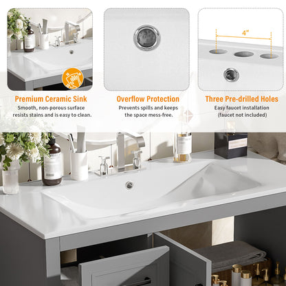 Bathroom Vanity With Sink, Soft Close Doors, Adjustable Shelf & 3 Drawers