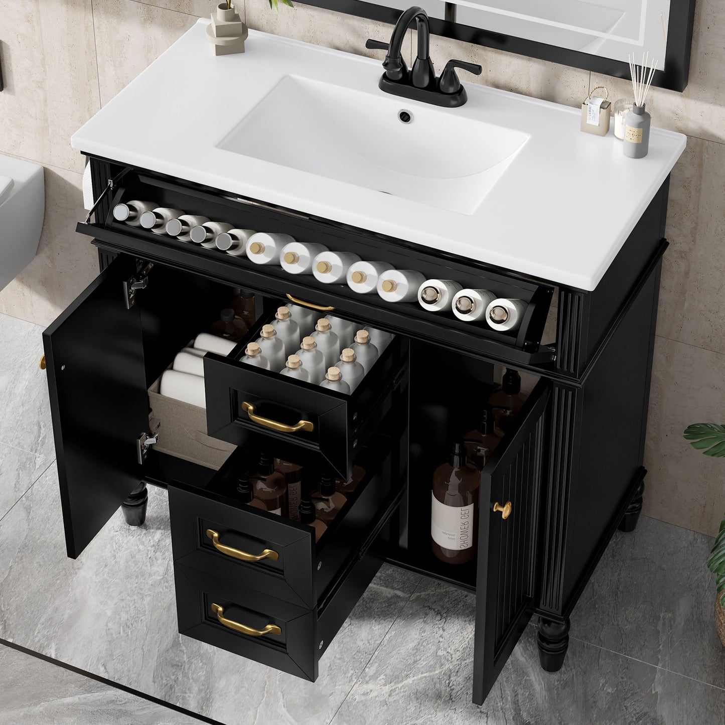 Modern Freestanding Bathroom Vanity With Sink, Cabinet, Soft-Close Drawers, Tip-Out Tray